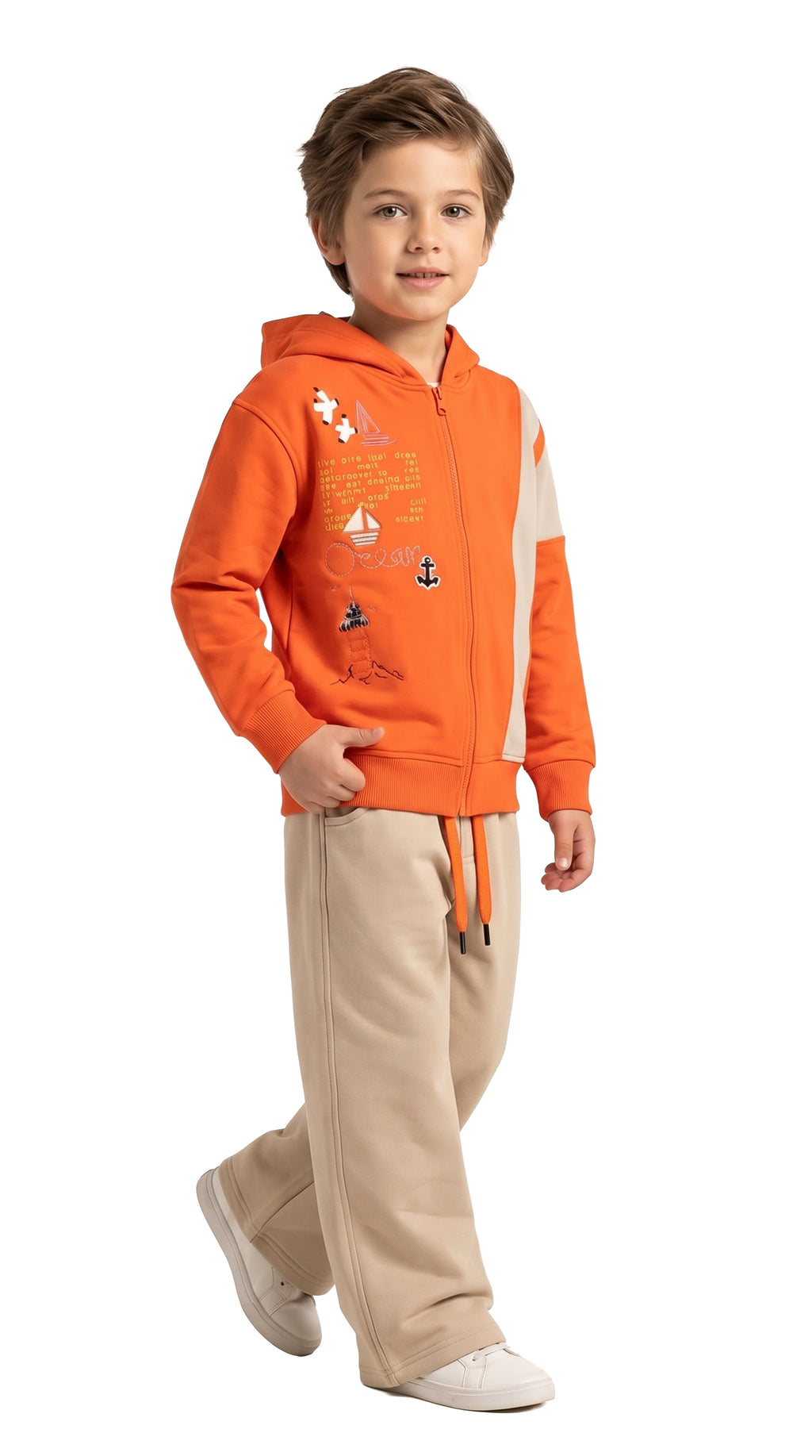 Marinero Boys' Nautical Hoodie Set – Orange/Beige