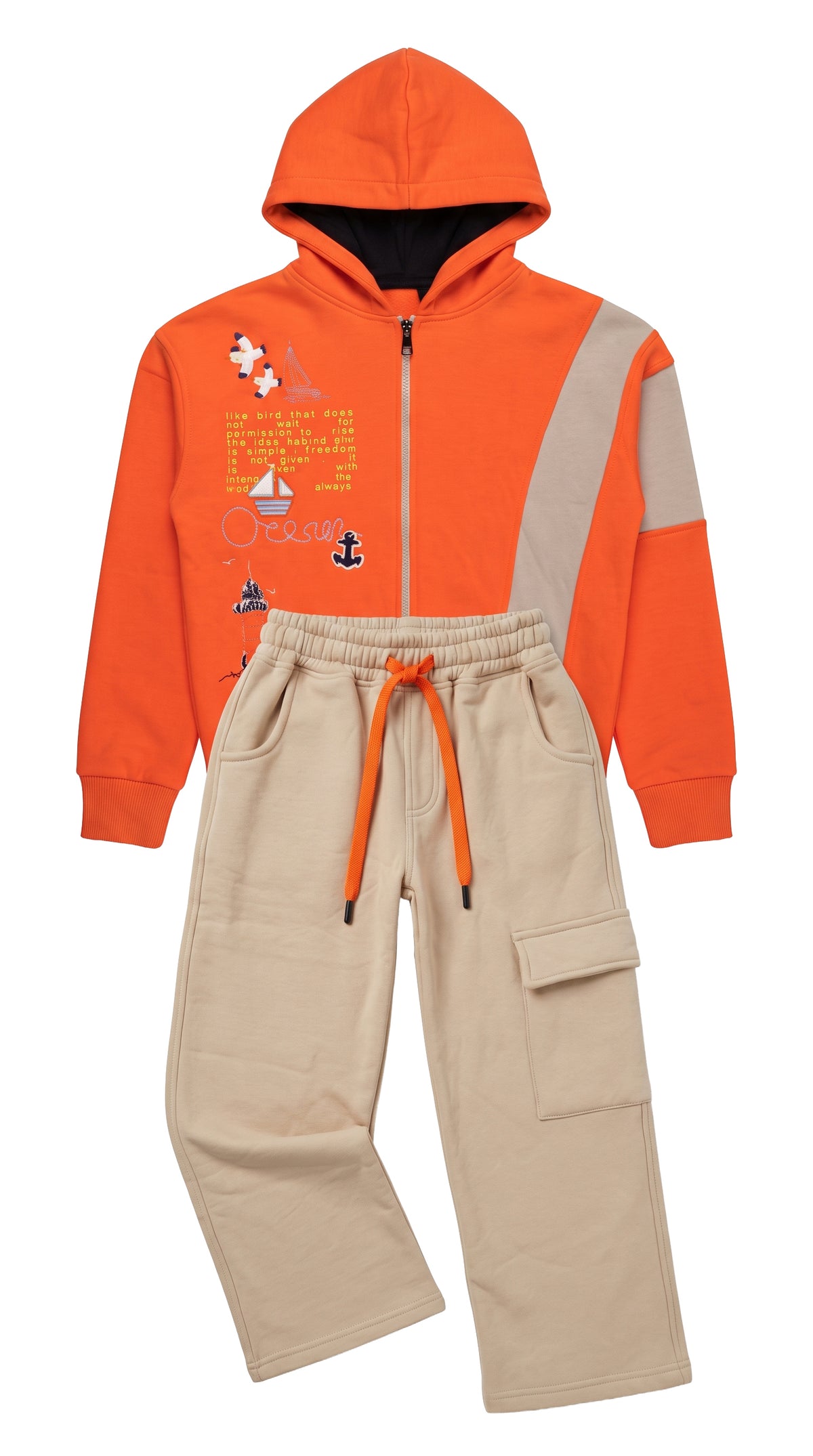 Marinero Boys' Nautical Hoodie Set – Orange/Beige