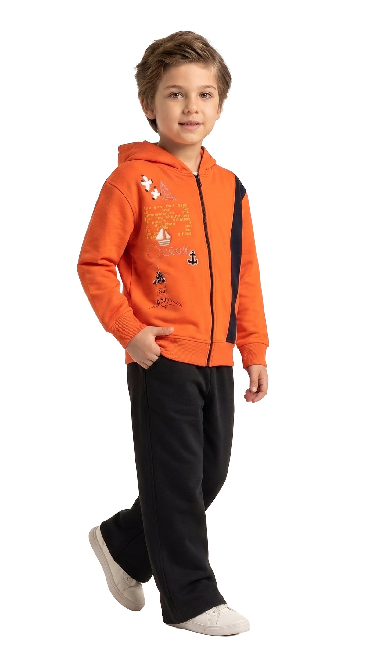 Marinero Boys' Nautical Hoodie Set – Orange/Navy