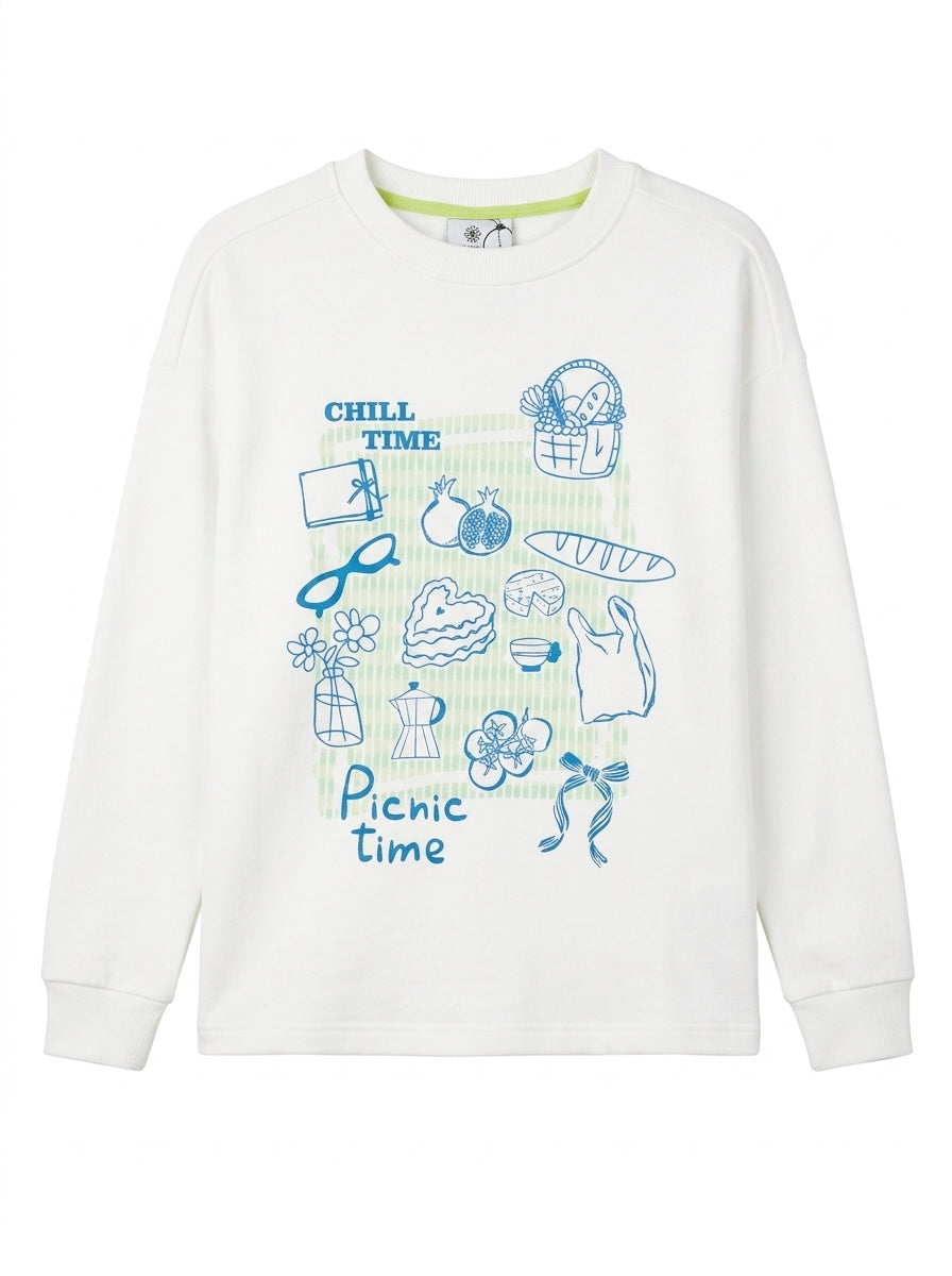 Marinero Girls’ 2-Piece Cotton Set – Printed Sweatshirt & Flare Pants, Kids Casual Winter Outfit – Available in Off-White & Cashmere Beige