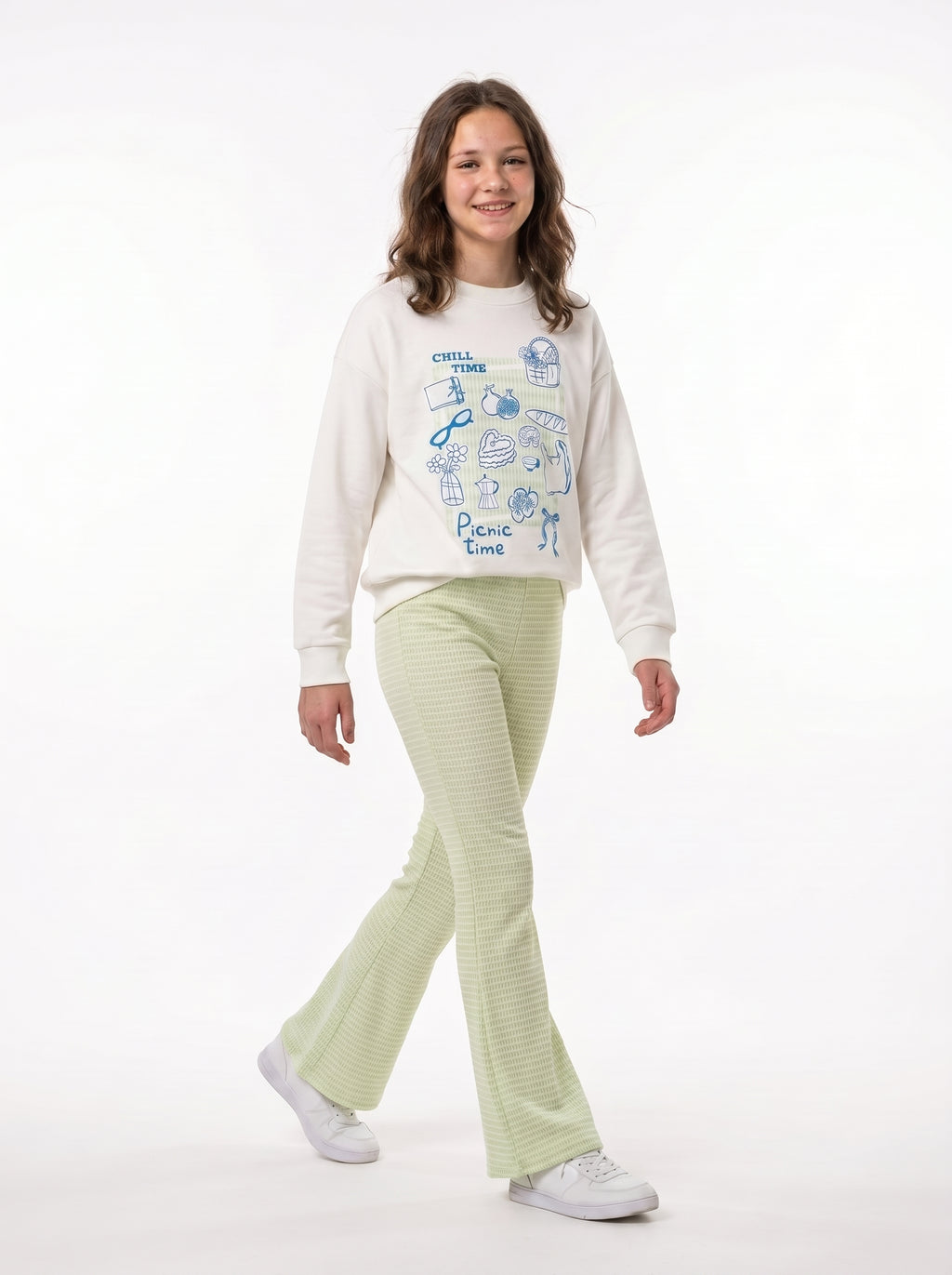 Marinero Girls’ 2-Piece Cotton Set – Printed Sweatshirt & Flare Pants, Kids Casual Winter Outfit – Available in Off-White & Cashmere Beige