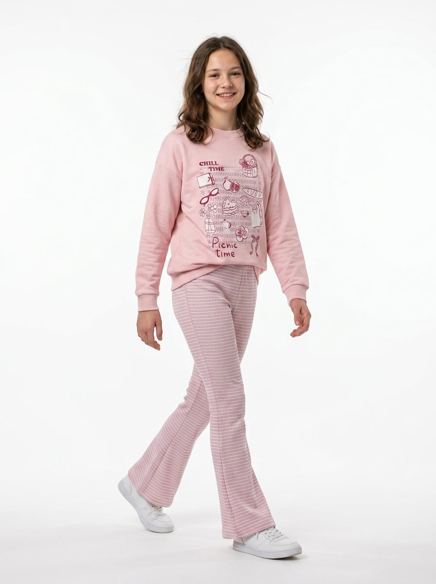 Marinero Girls’ 2-Piece Cotton Set – Printed Sweatshirt & Flare Pants, Kids Casual Winter Outfit – Available in Off-White & Cashmere Beige