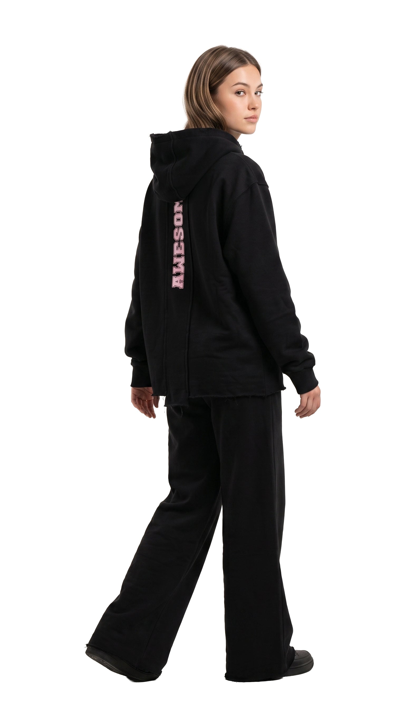 Marinero Girls' Cropped Hoodie & Wide-Leg Set – Black