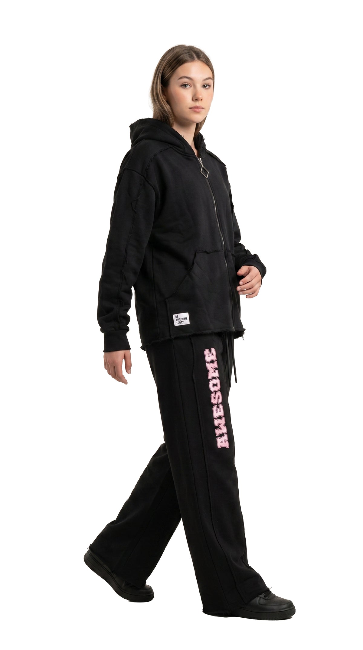 Marinero Girls' Cropped Hoodie & Wide-Leg Set – Black