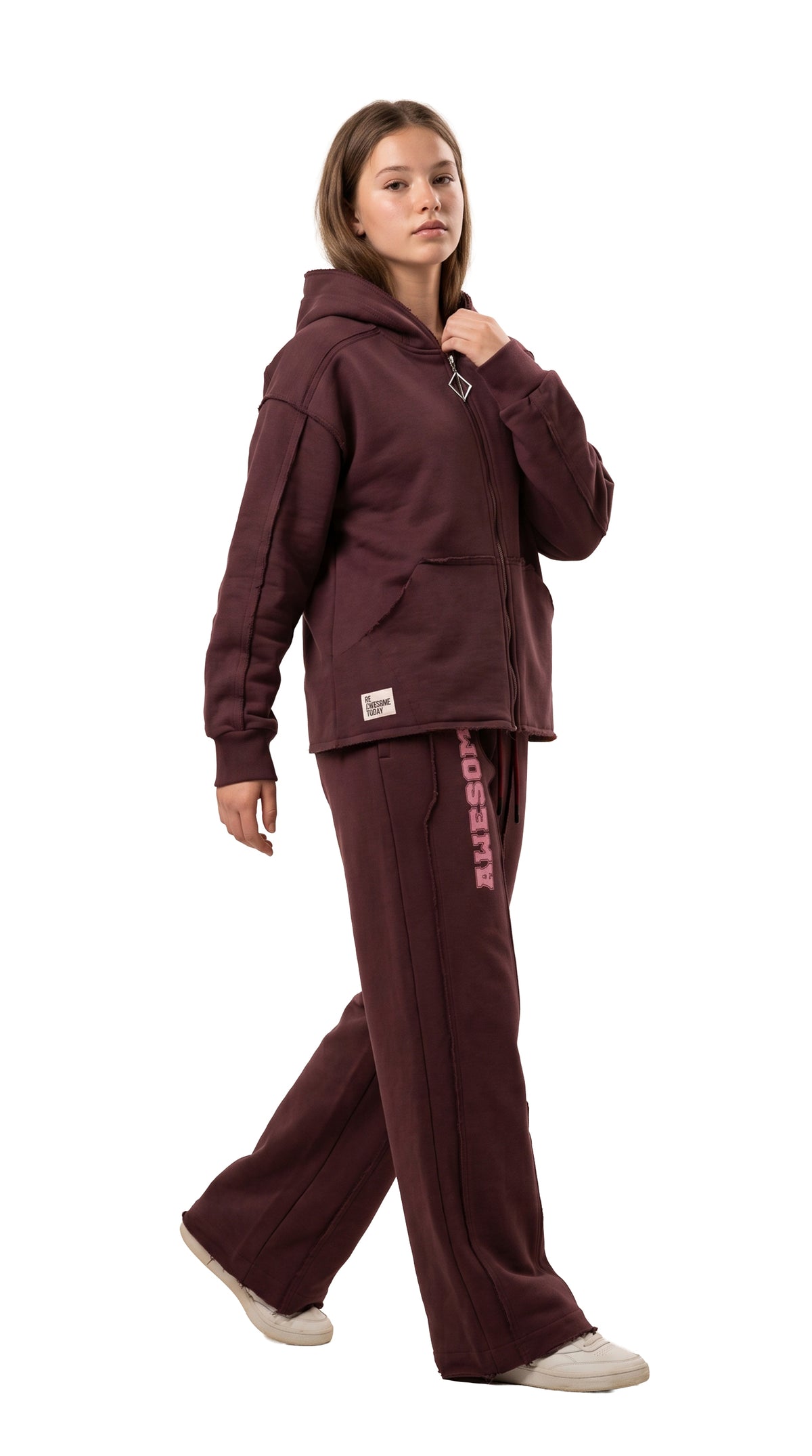 Marinero Girls' Cropped Hoodie & Wide-Leg Set – Burgundy