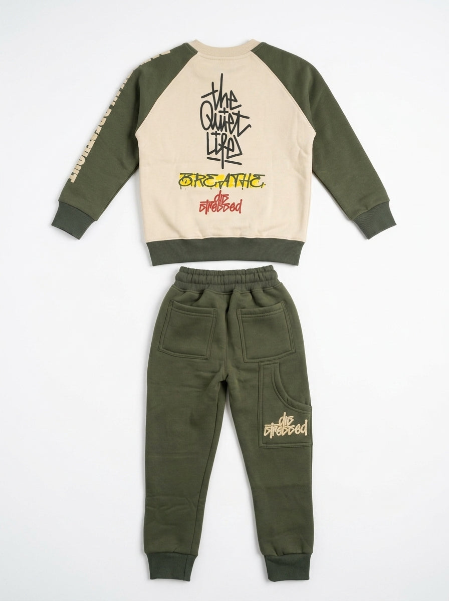 Marinero Toddler Boys’ 2-Piece Cotton Set – Raglan Sleeve Crocodile Print Sweatshirt & Side-Stripe Jogger Pants, Little Boys Casual Winter Outfit – Available in Army Green & Havana Brown