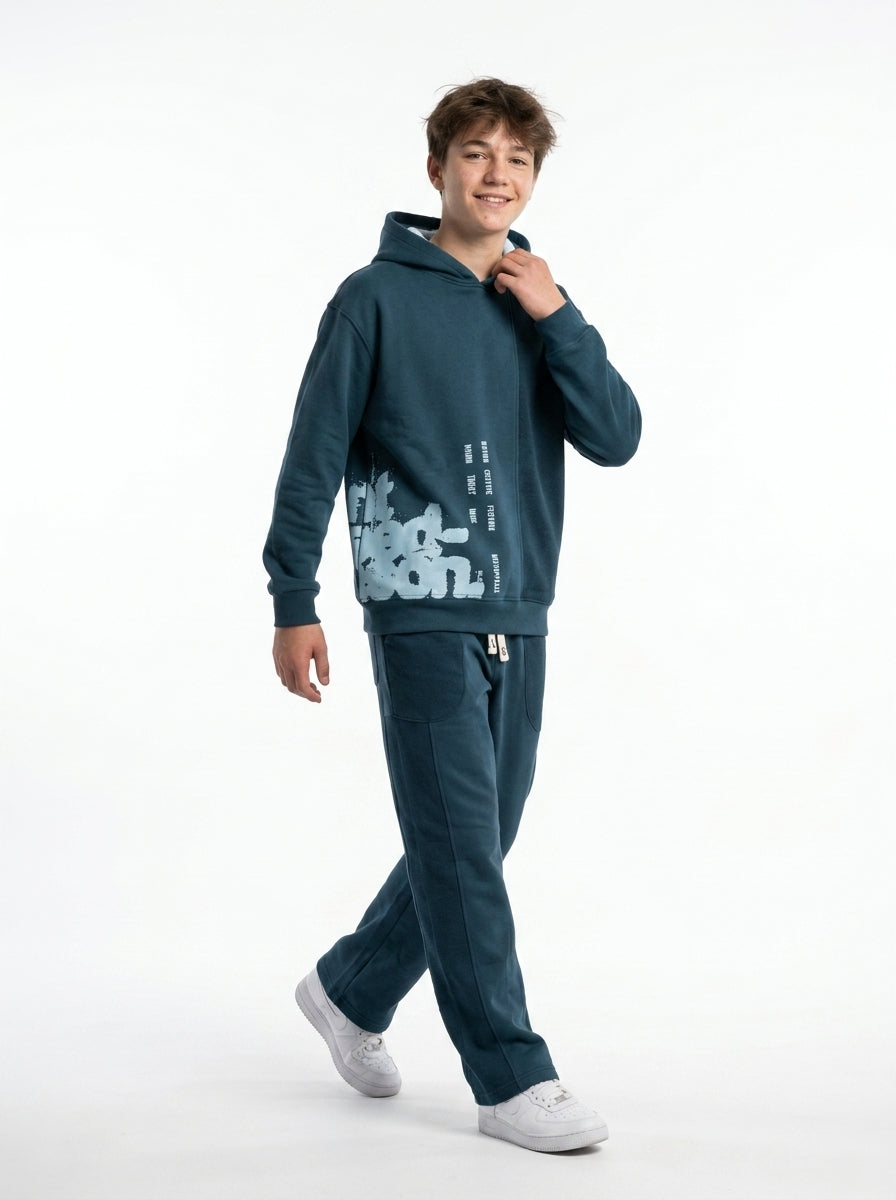 Marinero Boys’ 2-Piece Cotton Set – Two-Tone Colorblock Hoodie & Paneled Sweatpants, Teen Streetwear Winter Outfit – Available in Indigo & Brown