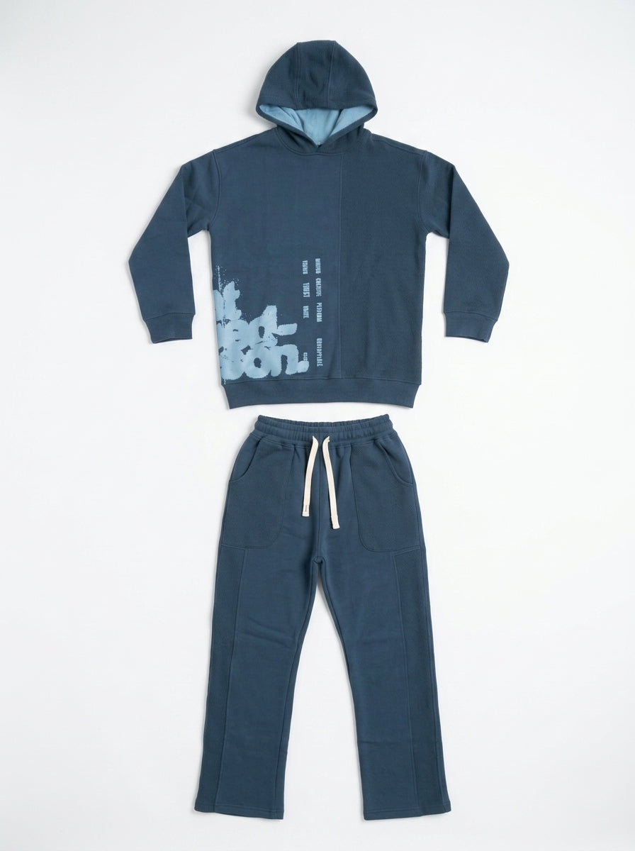 Marinero Boys’ 2-Piece Cotton Set – Two-Tone Colorblock Hoodie & Paneled Sweatpants, Teen Streetwear Winter Outfit – Available in Indigo & Brown
