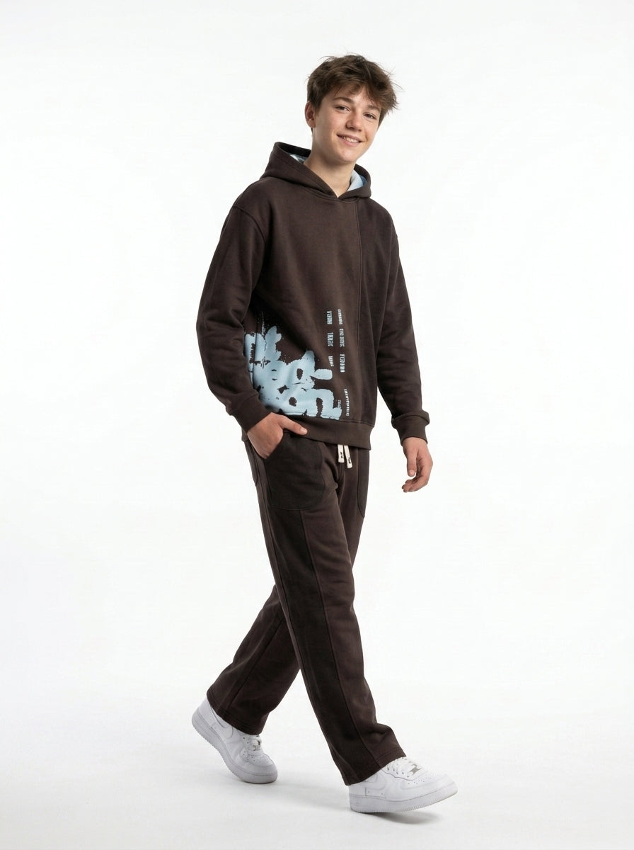 Marinero Boys’ 2-Piece Cotton Set – Two-Tone Colorblock Hoodie & Paneled Sweatpants, Teen Streetwear Winter Outfit – Available in Indigo & Brown