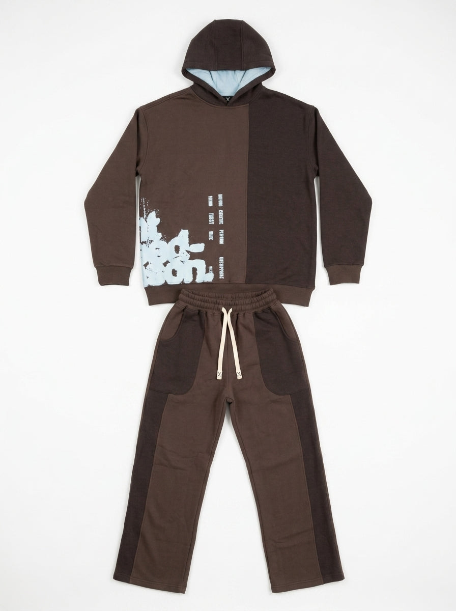 Marinero Boys’ 2-Piece Cotton Set – Two-Tone Colorblock Hoodie & Paneled Sweatpants, Teen Streetwear Winter Outfit – Available in Indigo & Brown